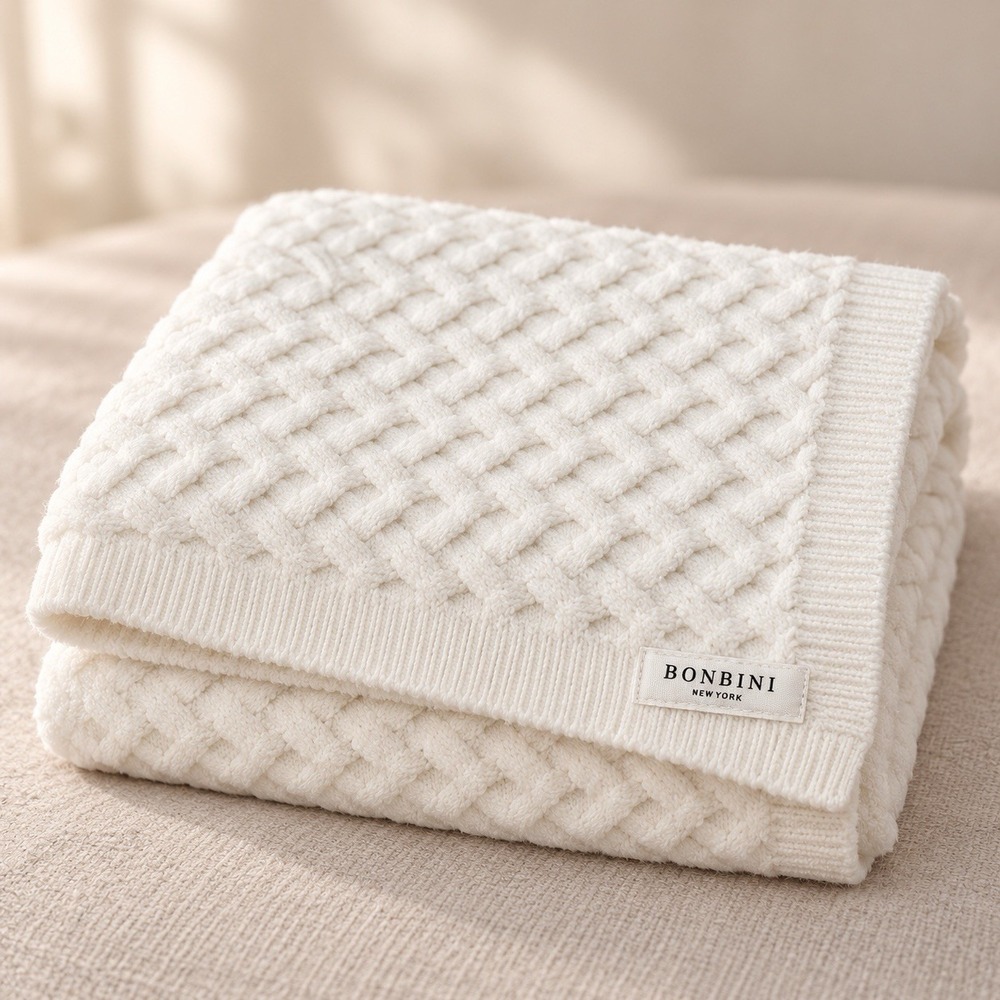 Bonbini New York Baby Blanket White Cable Knit Soft Nursery 29x38 NWOT